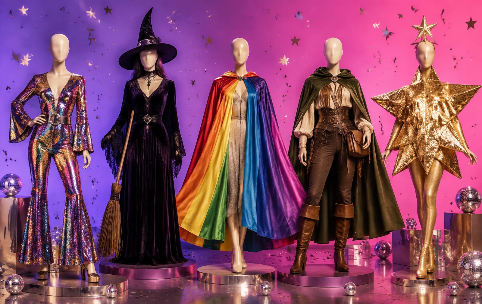 Mannequins wearing colourful original fancy-dress costume concepts